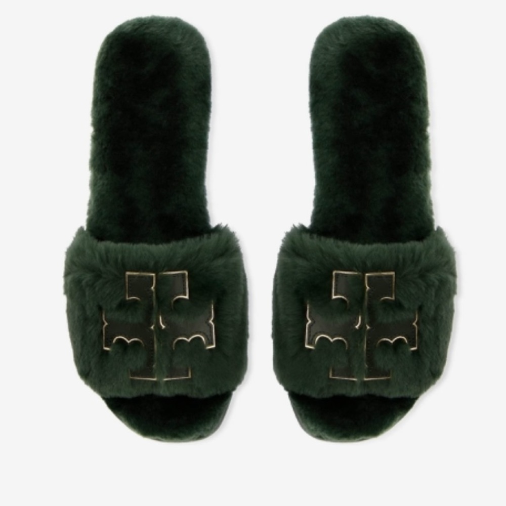 NWT Tory Burch Double T Shearling Slide Slippers